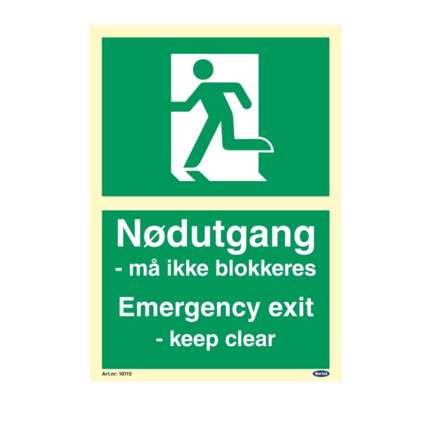 10115-Nodutgangma-ikke-blokkeres-Nortek Skilt Etterlysende Møteplass ved Brann/Evakuering